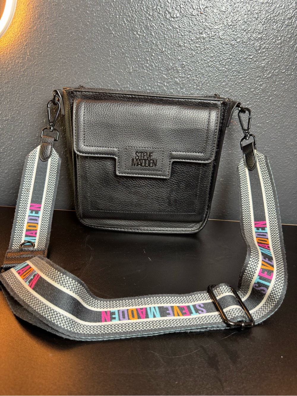 Steve Madden Black Crossbody Bag Colorful Logo Strap
